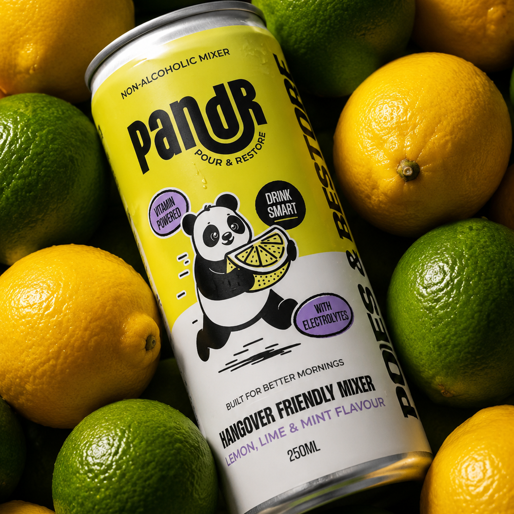 A 250ml can of PandR non-alcoholic hangover friendly mixer in lemon lime & mint flavor, surrounded by a dense pile of fresh lemons and limes.

